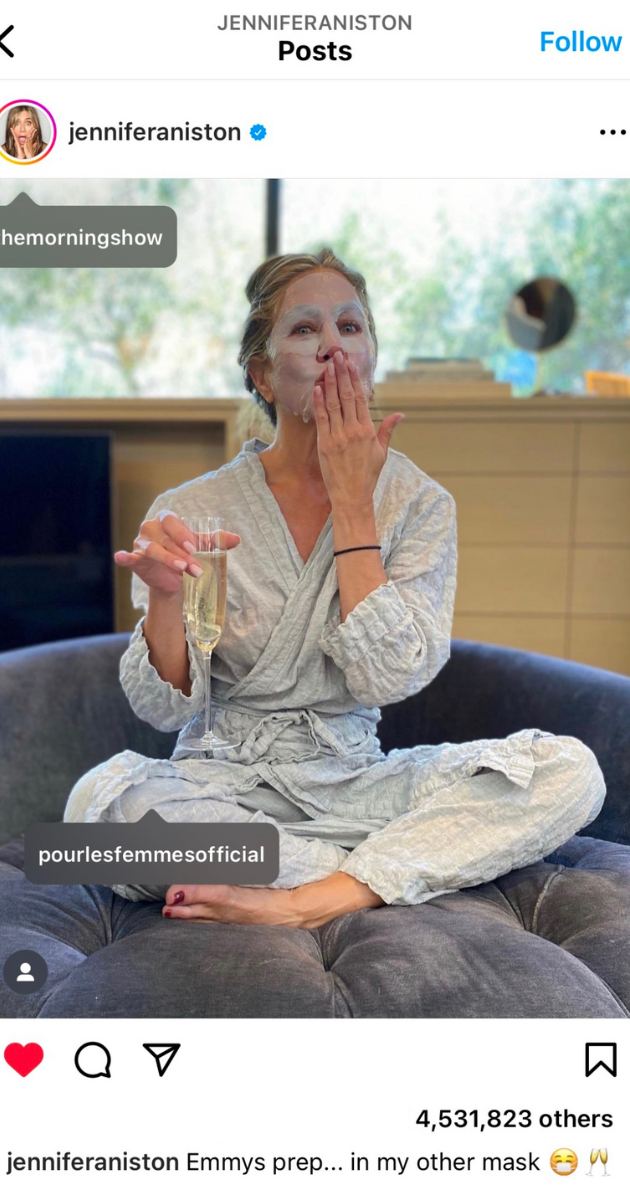 An Instagram post by Jennifer Aniston wearing pajamas